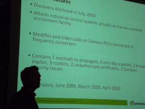 Overview of what Symantec found.  In frame is the presenter, Liam O'Murchu.