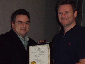 Don Thomas (left), IEEE Buenaventura CS, presents plaque to speaker Liam O'Murchu.  Thanks Liam!